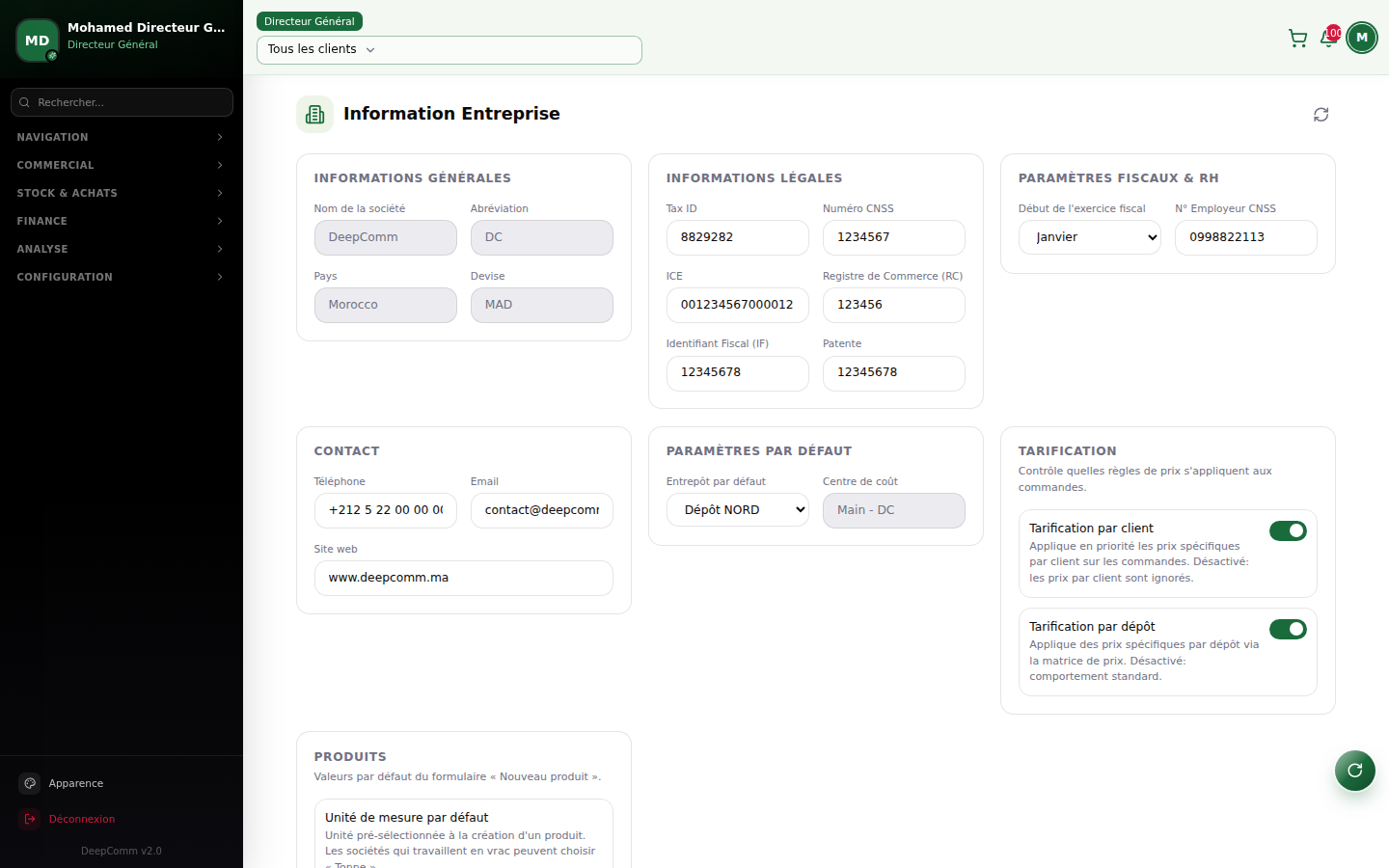 Capture du module Infos entreprise dans DeepComm