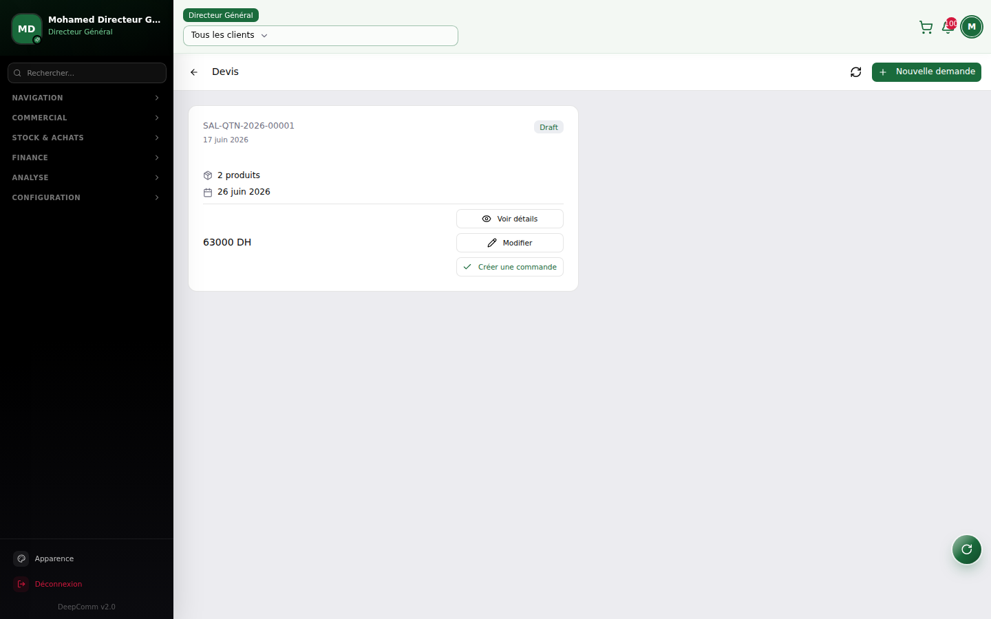 Capture du module Devis dans DeepComm