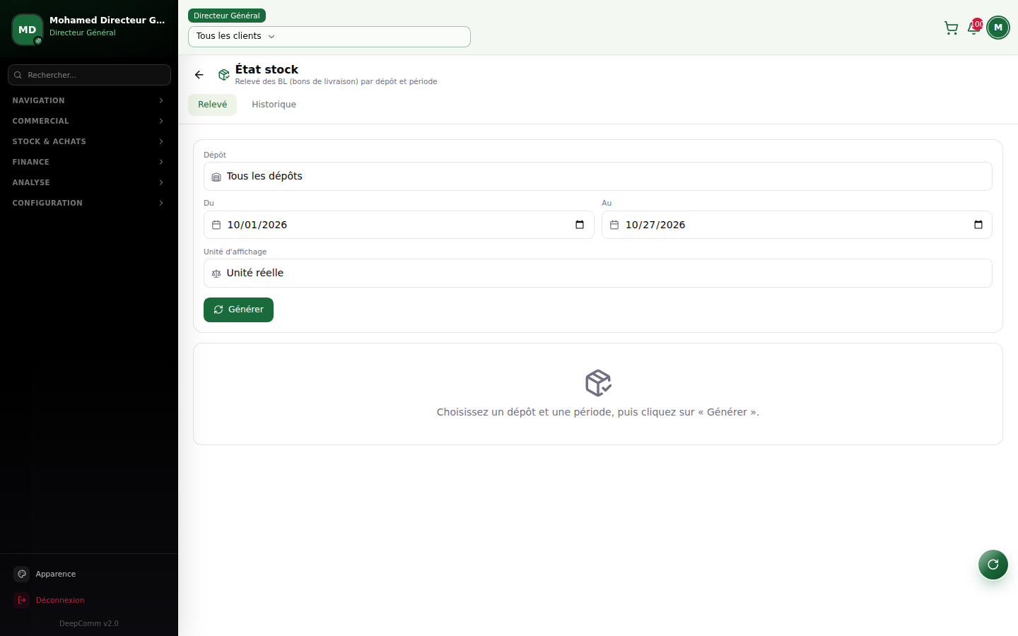 Capture du module État stock (rapport logistique) dans DeepComm