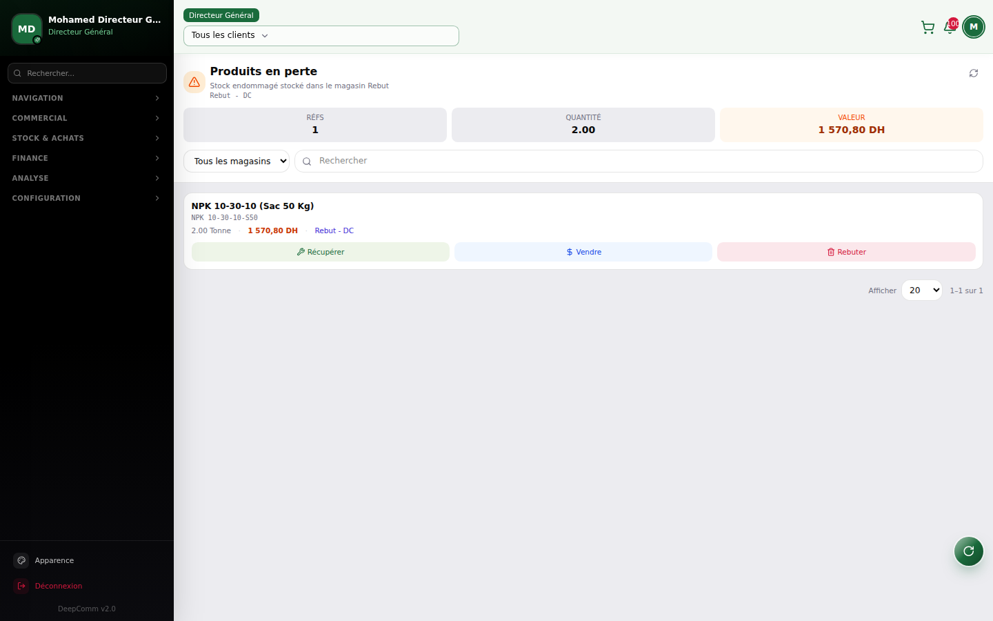 Capture du module Produits en perte dans DeepComm