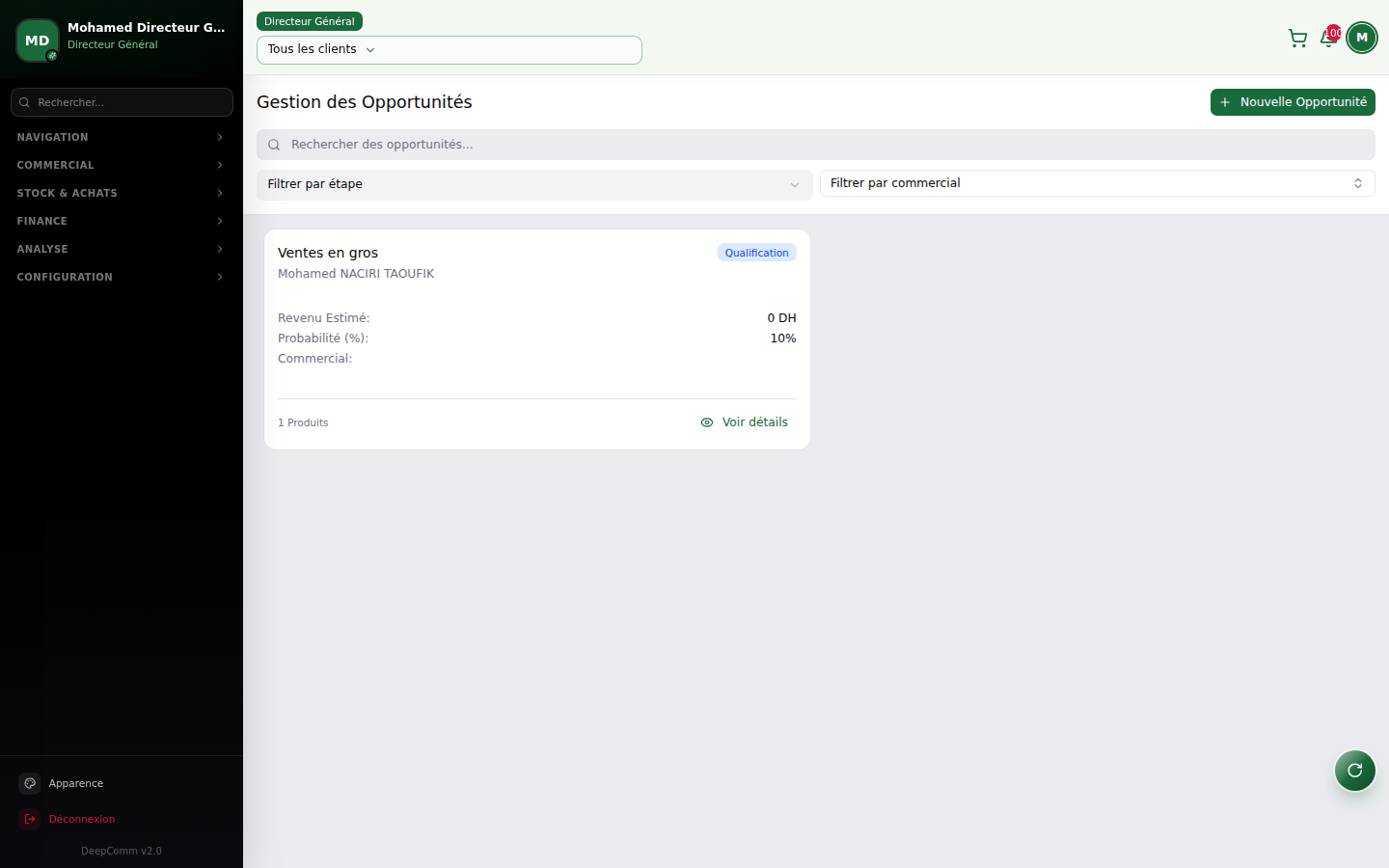 Capture du module Opportunités dans DeepComm