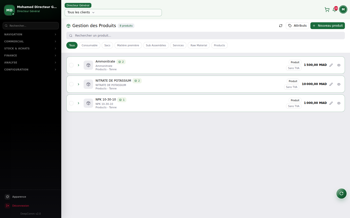 Capture du module Gestion de produit dans DeepComm