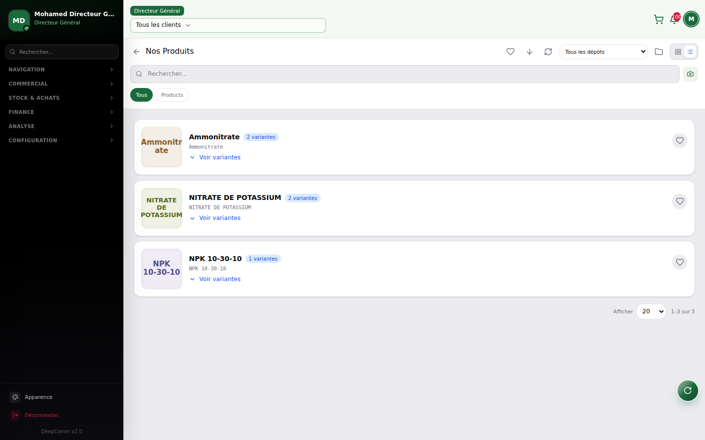 Capture du module Produits et prise de commande dans DeepComm