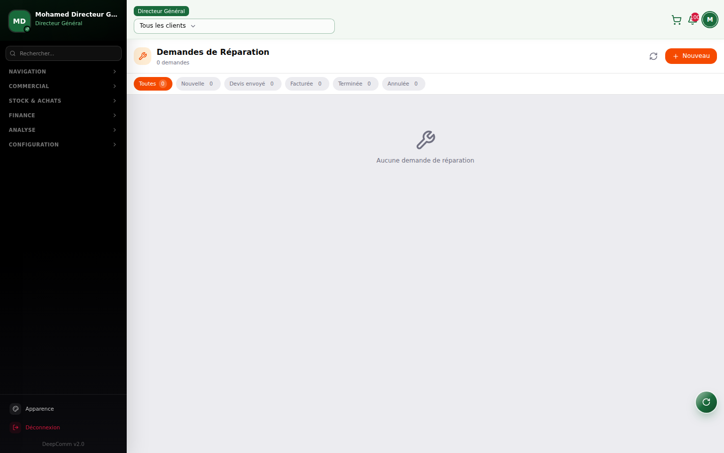 Capture du module Réparations dans DeepComm