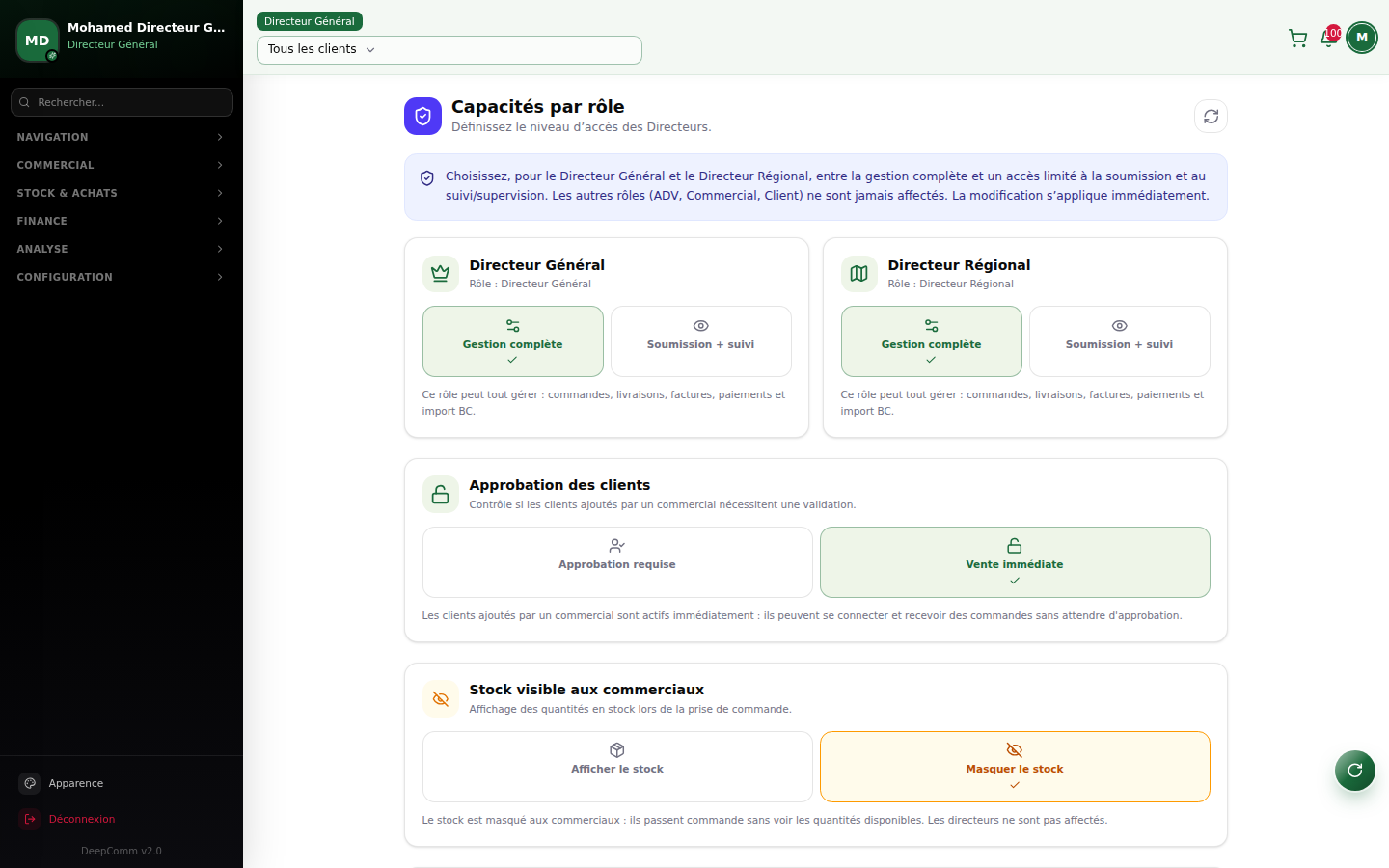 Capture du module Capacités par rôle dans DeepComm