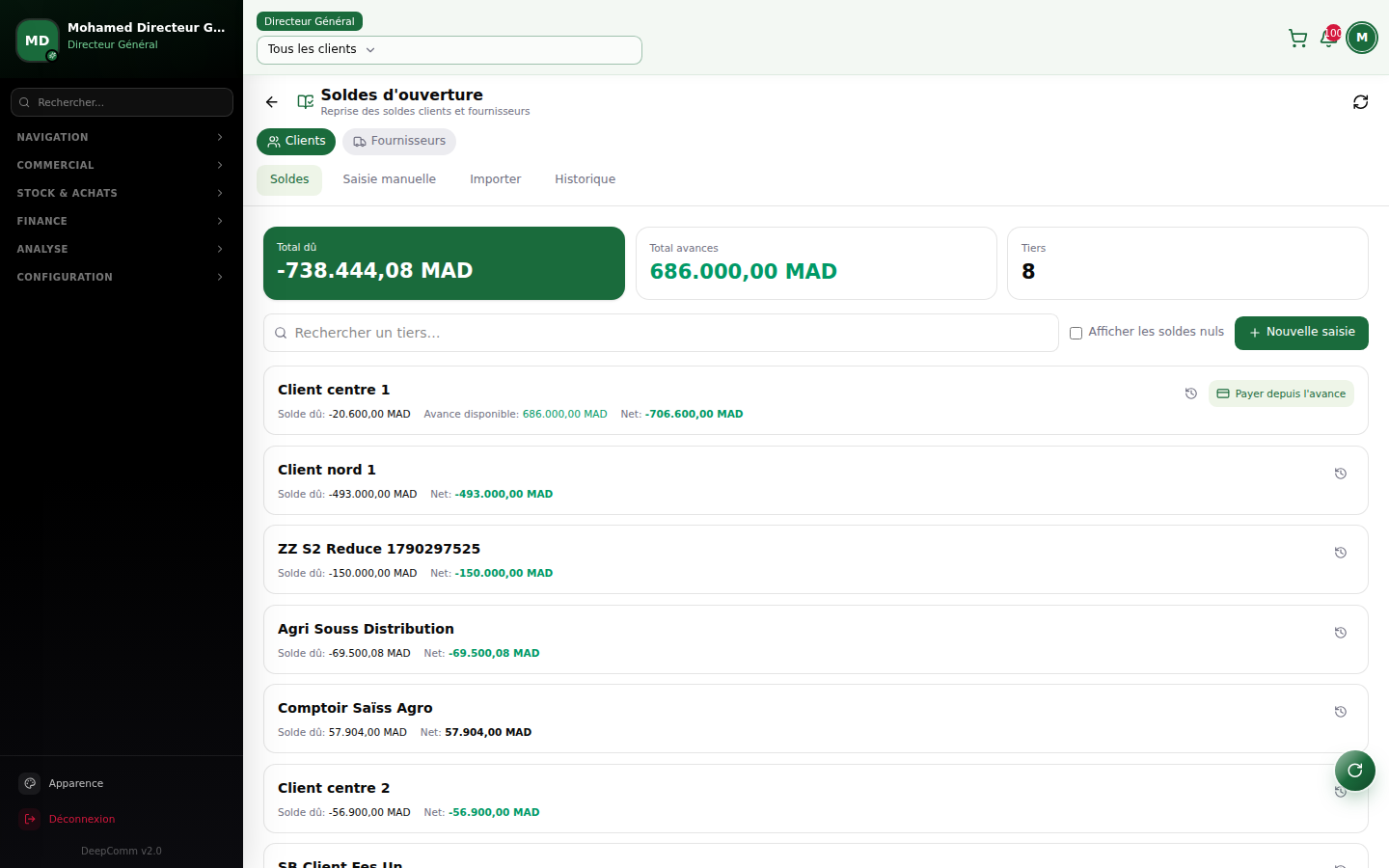 Capture du module Soldes d'ouverture dans DeepComm