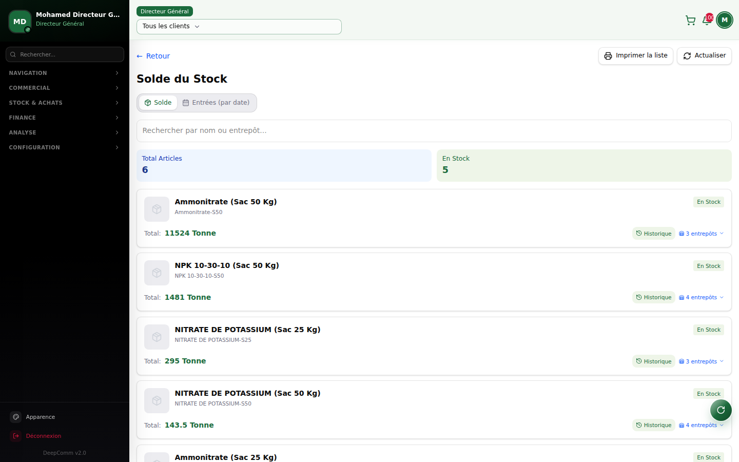 Capture du module Données de stock dans DeepComm
