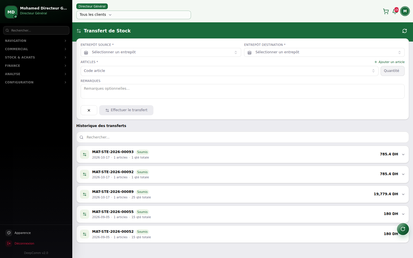 Capture du module Transfert de stock dans DeepComm