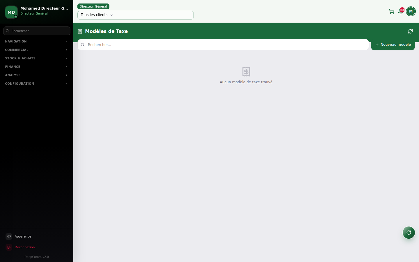 Capture du module Modèles de taxes dans DeepComm