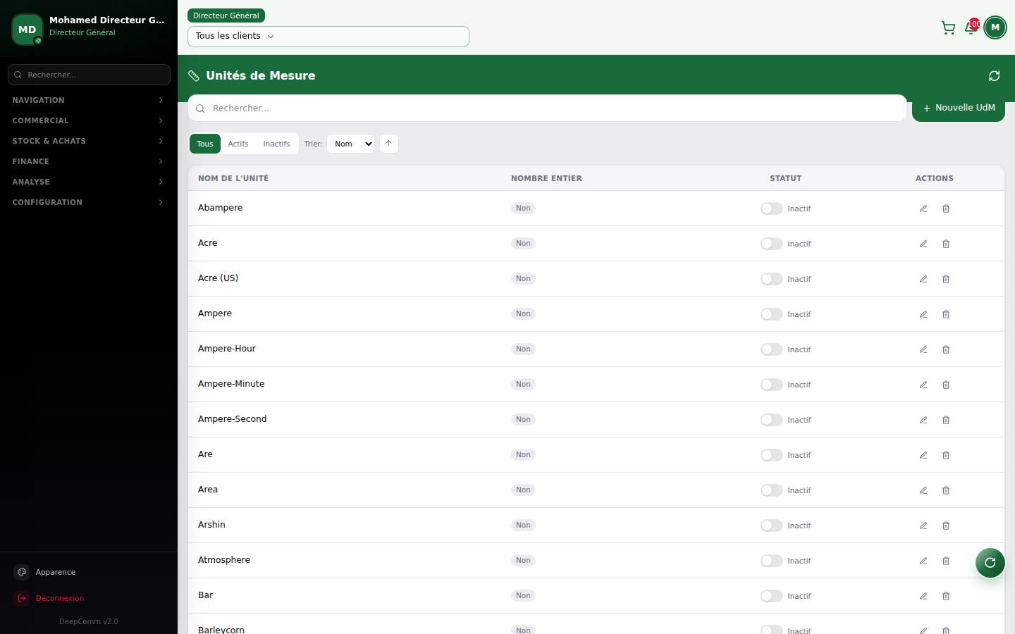 Capture du module Unités de mesure dans DeepComm